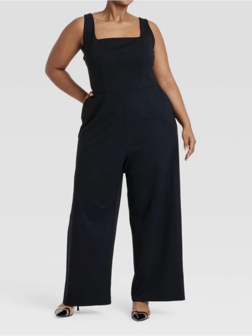 Ava & Viv Black Square-Neck Wide-Leg Jumpsuit